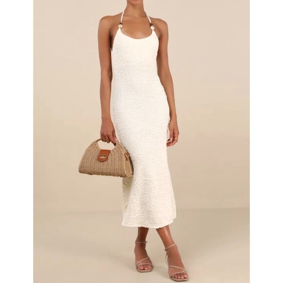 Lulus Dresses & Skirts - Lulus Meike Cream Textured Knit Beaded Halter Midi Dress Sz Large Womens Cream